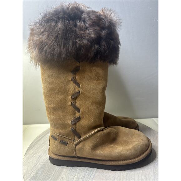 UGG Australia Fur Cuff Suede Winter Boots Brown Women’s Size 6 - Picture 4 of 10